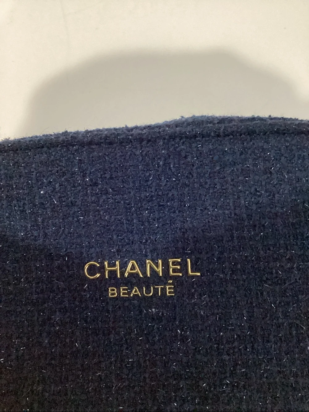 CHANEL Navy Blue Tweed Beaute cosmetic bag with Gold Logo